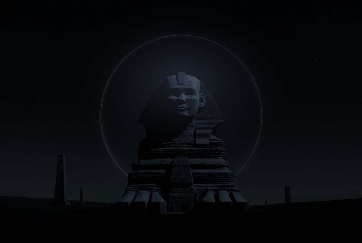 A sphinx in near-darkness, a thin ring of light behind its head, obelisks on the horizon.